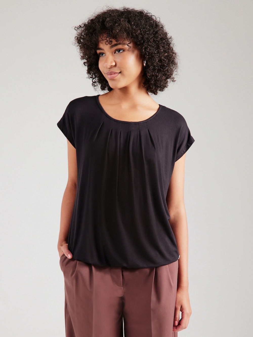 Worthington Black Pleated Front Short Sleeve Top Blouse - Petite Large PL